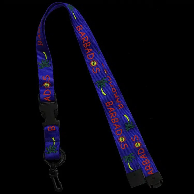 Royal blue lanyard printed with a repeating red word and small green palm motifs, with a black plastic buckle and hook.