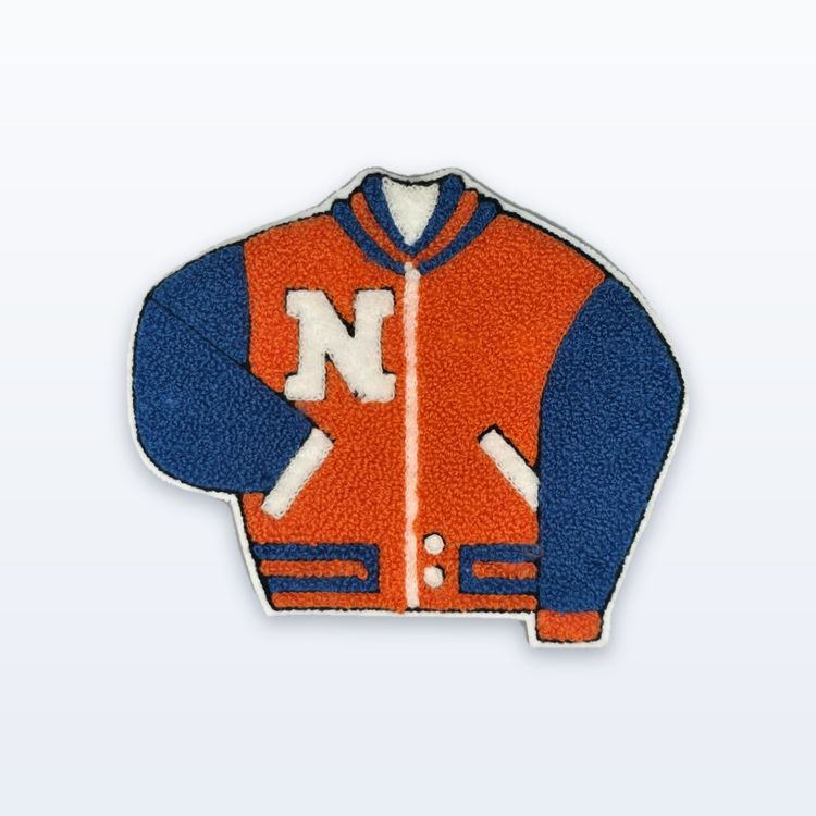 Die-cut patch shaped like a varsity jacket, orange chenille body, blue chenille sleeves and a white chenille block letter on the chest.