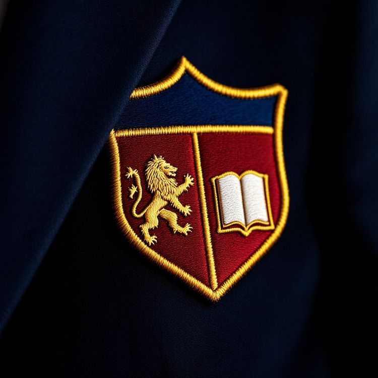 Shield crest patch with a gold lion and an open book on a navy blazer pocket.