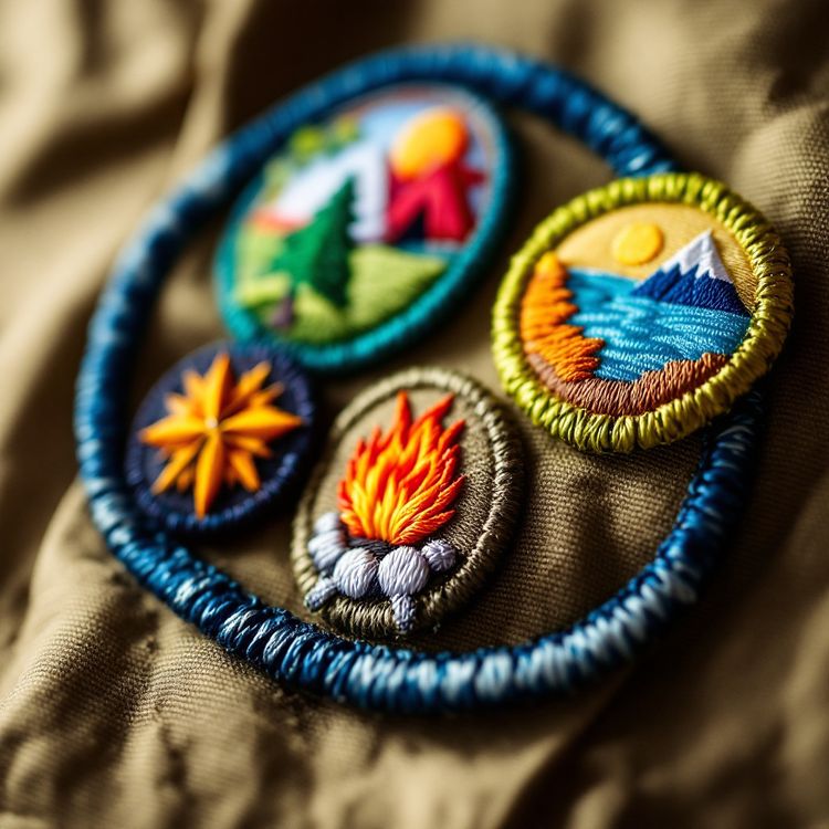 Round embroidered merit style patches with camping emblems on a khaki sash.