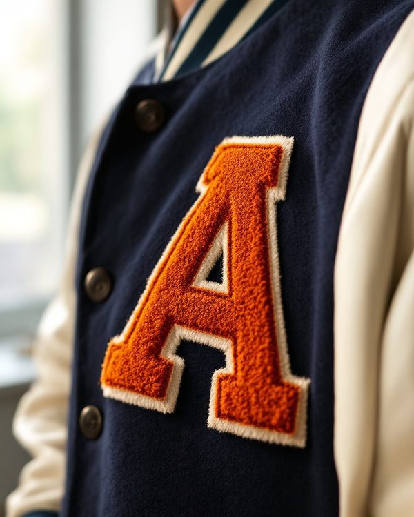 Orange chenille block letter patch with a cream felt edge on the chest of a navy letterman jacket with cream sleeves.